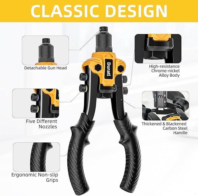 Rivet Gun, 1/4 Pop Rivet Gun Kit with 200 Blind Rivets, 5 Interchangeable Rivet Heads (3/32", 1/8", 5/32", 3/16", 1/4"), Heavy Duty Hand Riveter Tool for Metal, Gutter & Automotive