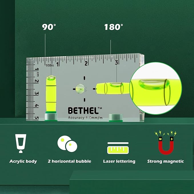 BETHEL 90°/180° Compact Level with Shatterproof Cross-check Magnetic Bubble, Mini Pocket Spirit Level for Picture Hanging Marking Measuring Instruments Layout tools (95×13×51(MM))