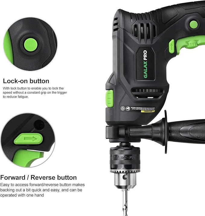 GALAX PRO 5Amp 1/2-inch Hammer Drill with 105pcs Accessories, Variable Speed 0-3000, Hammer and Drill 2 Functions in 1, 360°Rotating Handle, Depth Gauge, Carrying Case Included