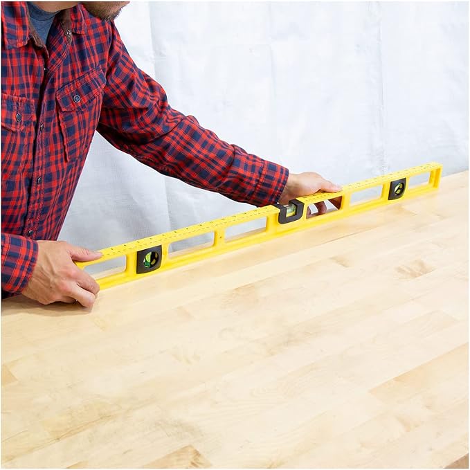 Mayes 10100 Polystyrene 3 Foot Level, 36 Inch Level Made in the USA, Contractor, Plumber, and Carpenter Tools, Impact Resistant Frame, Three Vials, Accurate to .001 Inch, Won’t Scratch Work Surfaces