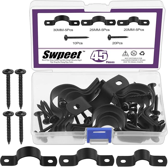 Swpeet 45Pcs 3 Sizes 15mm 20mm 25mm Two Hole U Bracket Clamp with Screws Assortment Kit, U-Clamps, Metal Pipe Clamps, Pipe Strap Clamps, Conduit Tension Clips for Fixing Pipe or Cable