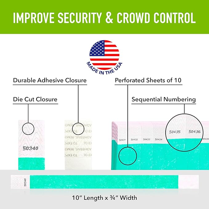 1,000 WristCo Aqua Tyvek Wristbands for Events - Comfortable Tear Resistant Paper Bracelets ID Wrist Bands for Concerts Festivals Admission Party Identification