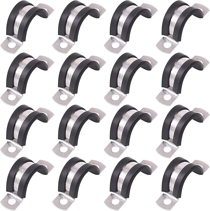 Glarks 16Pcs 20MM 2 Hole U-Tube Strap Clamp Set - 304 Stainless Steel Rubber Cushion Rigid Pipe Strap U Bracket Assortment Kit for Fixing (20mm)