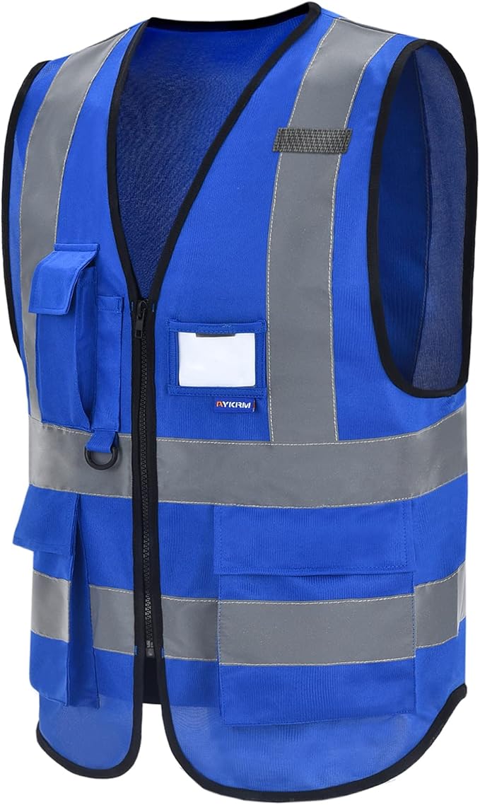 Big and Tall Blue Safety Vest 6xl 7xl 8xl Reflective Work Vest blue 7 Pockets,6XL-8XL