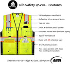 Dib Safety Vest Reflective Yellow Mesh, High Visibility Vest with Pockets and Zipper, ANSI Class 2 Heavy Duty, Made with 3M Reflective Tape S