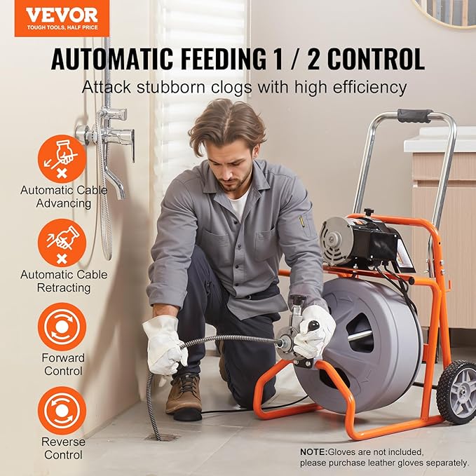 VEVOR Drain Cleaner Machine 100FT x 1/2 Inch, Auto Feed Sewer Snake Drain Auger on Wheels, Portable Drain Cleaning Machine with 8 Cutters & Air-activated Foot Switch for 2" to 4" Pipes