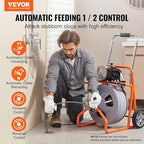 VEVOR Drain Cleaner Machine 75FT x 1/2 Inch, Auto Feed Sewer Snake Drain Auger on Wheels, Portable Drain Cleaning Machine with 8 Cutters & Air-activated Foot Switch for 2" to 4" Pipes