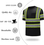 High Visibility Shirts Quick Dry Safety T Shirts with Reflective Strips and Pocket Short Sleeve Mesh Hi Vis Construction Work Class 2 Shirt for Men/Women Black,3XL