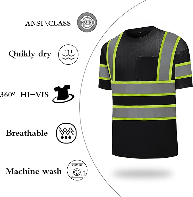 High Visibility Shirts Quick Dry Safety T Shirts with Reflective Strips and Pocket Short Sleeve Mesh Hi Vis Construction Work Class 2 Shirt for Men/Women Black,Medium
