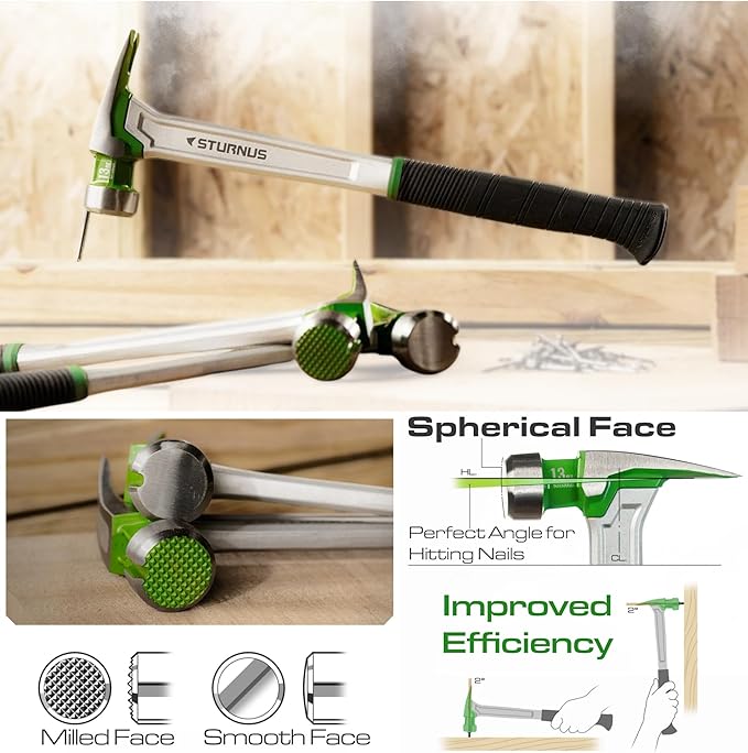 Sturnus Green 13oz Velocity Rip Claw Hammer – 13oz, Lightweight Aluminum & Ergonomic, Pro-Grade with Anti-Vibration Grip (Smooth Face, Short Handle)