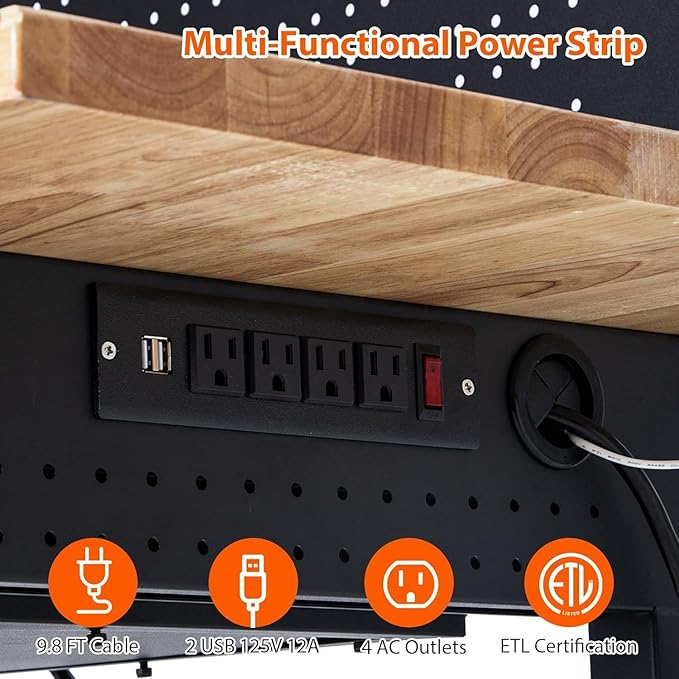 Work Bench 60" Adjustable Height, Heavy-Duty Portable Workbench with Power Outlets and Drawer for Garage & Workshop, 2000 LBS Load Capacity Large Pegboard, Work Table for Office, Home, Easy Assembly