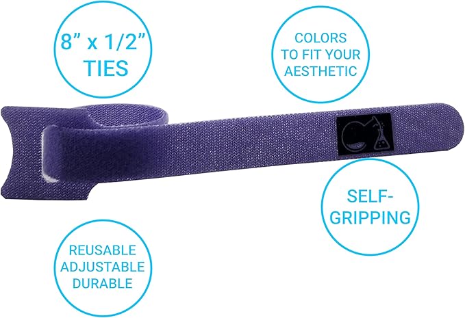 CableLock Cable Ties - 50 Pack - 8 Inch Reusable Cord Organizers - Clean Cable Management for Gaming and Home Office (Lavender)