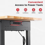 Work Bench for Garage with Drawers 60 x 22 Inch Heavy Duty Rubberwood Tabletop Work Table with Pegboard, Power Outlets Adjustable Workbench for Woodworking Shop, Home, Office, Electronic