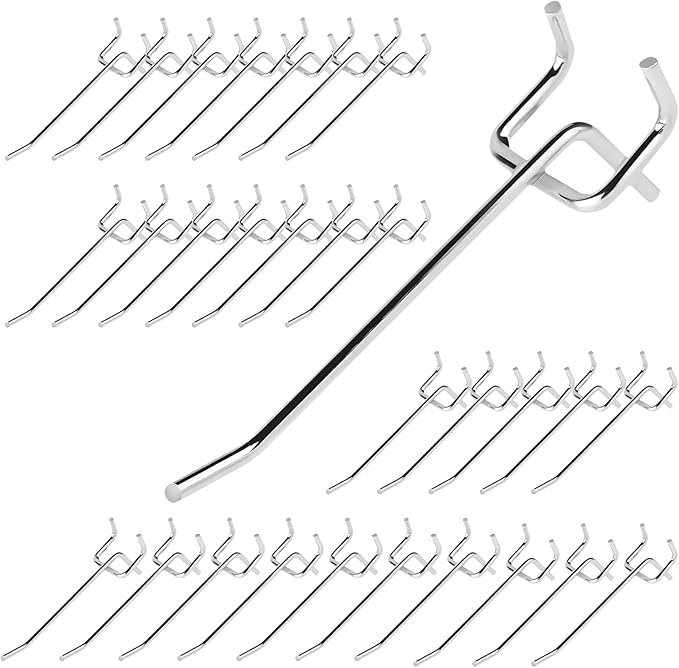 40Pcs 4" /100mm Stainless Steel Pegboard Display Hooks Bulk Set, Silver Garage Organization Peg Wall Hook Metal Slatwall Panel Hook Fit 1/8 and 1/4 Inch Pegboard for Retail