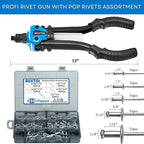 AKKTOL Rivet Gun Kit, 1/4" Pop Rivet Gun Kit with 210pcs Blind Rivets, Heavy Duty 13" Rivet Gun Tool with 5 Nosepieces incl. 3/16" & 1/8" for Metal, Gutter & Automotive