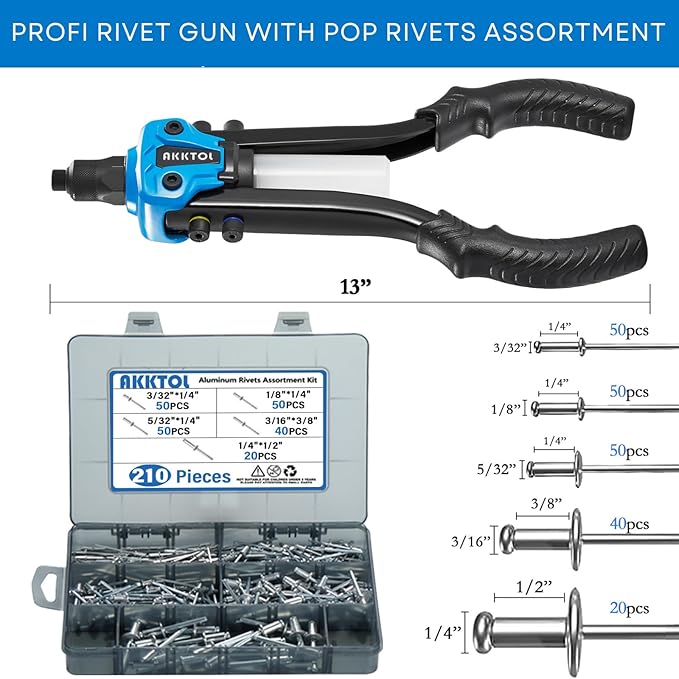 AKKTOL Rivet Gun Kit, 1/4" Pop Rivet Gun Kit with 210pcs Blind Rivets, Heavy Duty 13" Rivet Gun Tool with 5 Nosepieces incl. 3/16" & 1/8" for Metal, Gutter & Automotive