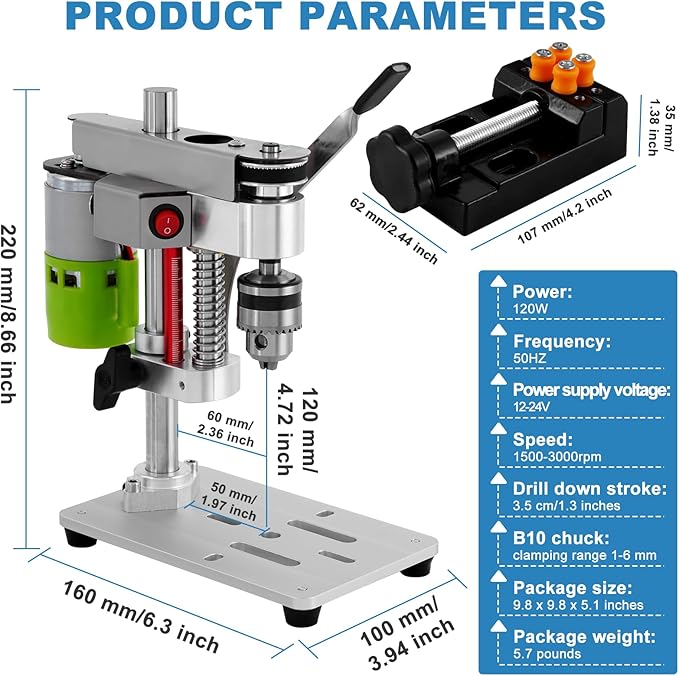 Mini Benchtop Drill Press with Work Light | Rear-Mounted 795 Motor, Small Bench Drilling Machine for Woodworking, Jewelry & Crafts, B10 Chuck, Motor & Belt Guard
