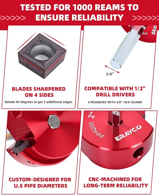 ERAYCO 4PCS PVC Pipe Reamer Kit, Plastic Pipe Fitting Reamer Tool, Fit into Standard 1/2" Drills, PVC Fitting Saver for SCH40 PVC CPVC ABS Pipe (1-1/2'', 2'', 3'', 4'')