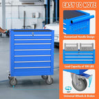 7 Drawers Large Capacity Rolling Tool Chest, Metal Tool Box with Wheels and Drawers, Tool Storage Cabinet with Keyed Locking, Tool Organizer Box for Garage, Workshop, Warehouse (Blue)