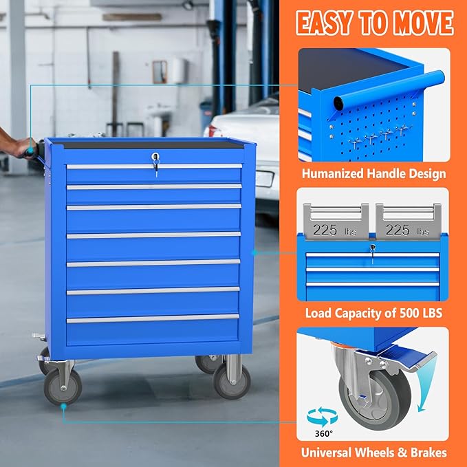 7 Drawers Large Capacity Rolling Tool Chest, Metal Tool Box with Wheels and Drawers, Tool Storage Cabinet with Keyed Locking, Tool Organizer Box for Garage, Workshop, Warehouse (Blue)