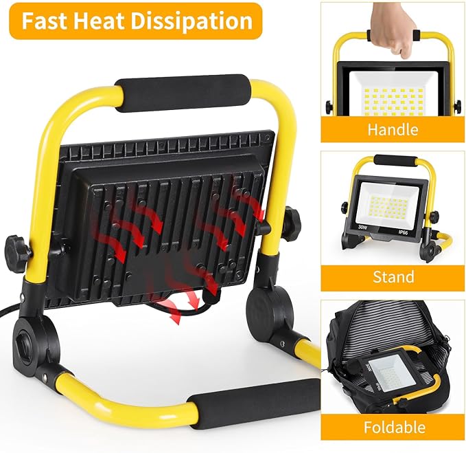 30 Watts LED Work Light, 3600 Lumens Outdoor Flood Light with 16ft Cord & Switch, IP66 Waterproof Portable Working Lighting with Stand, 5000K Dayight Worklight for Job Site Garage Workshop