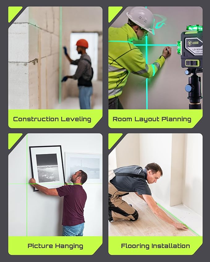 LG-3DMAX 3x360° Green Laser Level, 3D Self-Leveling Cross Line Laser with 2 Rechargeable Lithium Batteries, Fine-Tuning Bracket Adapter, Green Laser Enhancement Glasses, and Hard Carrying Case