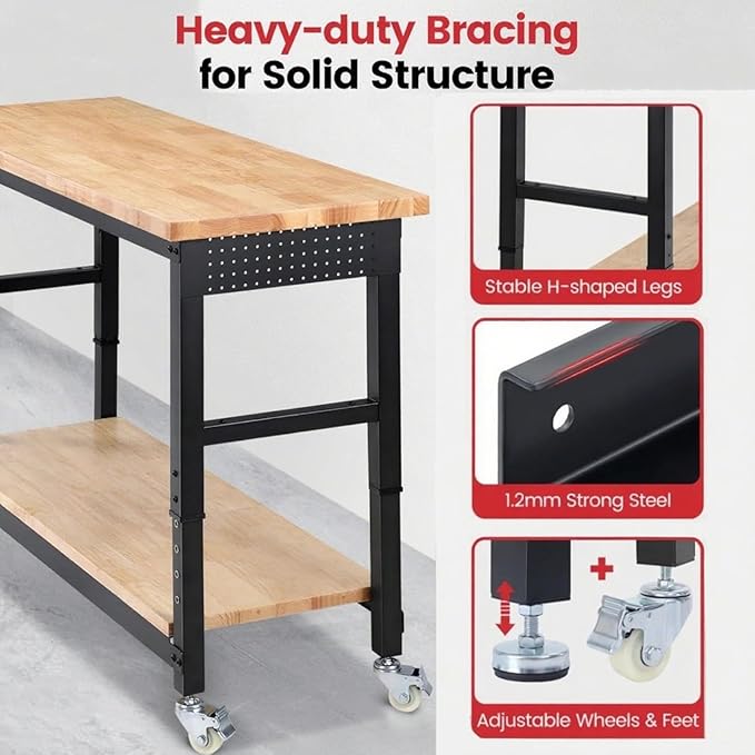 Work Bench with Double Layers 60 x 22 Inch Heavy Duty Rubberwood Tabletop Work Table Adjustable Height Workbench with Wheels, Sided Pegboard, Power Outlets for Garage Home Office