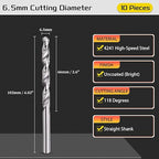 Drill Bit, 6.5mm Cutting Diameter, 4241 HSS 118° Cutting Angle Uncoated Bright Versatile Jobber Bits - (Applications: for Drilling Plastic Wood Soft Metal), 10-Pieces