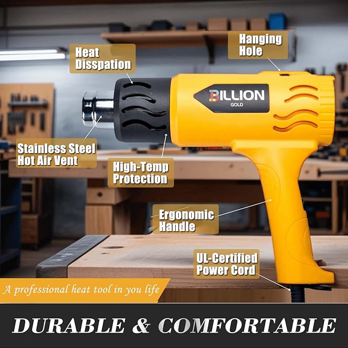 Heat Gun, BILLION GOLD 1800W Hot Air Gun 752℉-1112℉ with 2 Temperature Setting, Heat Gun for Crafting, Shrink Tubing, Paint Removing - 2 Nozzles