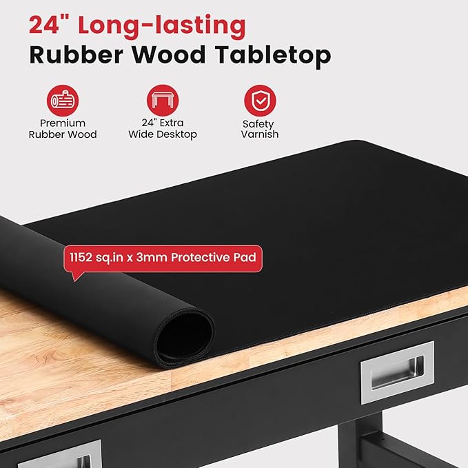 Work Bench for Garage 48 x 24 Inch Adjustable Height Workbenches with Drawers Heavy Duty Rubberwood Tabletop Work Table with Pegboard, Power Outlets for Office Home Commercial