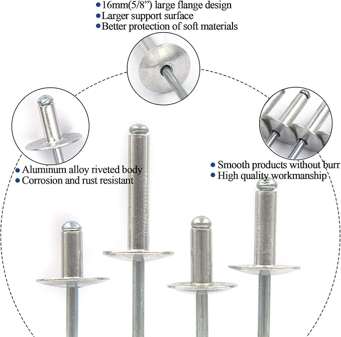 60 pcs Large Flange Blind Rivets, Aluminum,Flange Diameter 5/8" (16 mm),Pop Rivets Assortment Kit Blind Rivet,3/16" x 3/8" Inch,Grip Range(3-6mm)