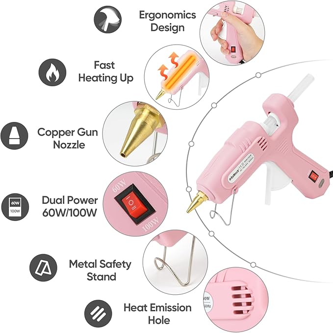 ROMECH Full Size Hot Glue Gun with 60/100W Dual Power and 21 Hot Glue Sticks (7/16"), Fast Preheating Heavy Duty Industrial Gluegun with Storage Case for Crafting, DIY and Repairs (Pink)