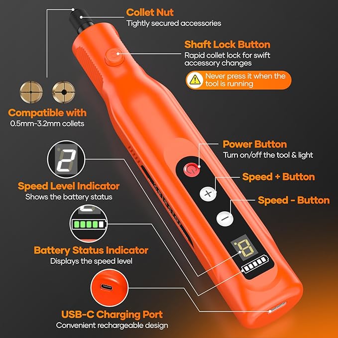 Kejector Cordless Rotary Tool Kit with 113 Accessories Mini Rotary Tool with LED Screen & Ring Light 5-Speed Adjustable for Engraving Sanding, Polishing, Carving, Cutting, DIY Crafts, USB-C Charging