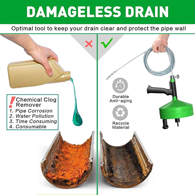 BACOENG 50Ft Drain Auger, Heavy Duty Plumbing Snake with Drill Adapter, Use Manually or Powered for Drain Clog, Shower Sink, Comes with Gloves and Bag (Green)