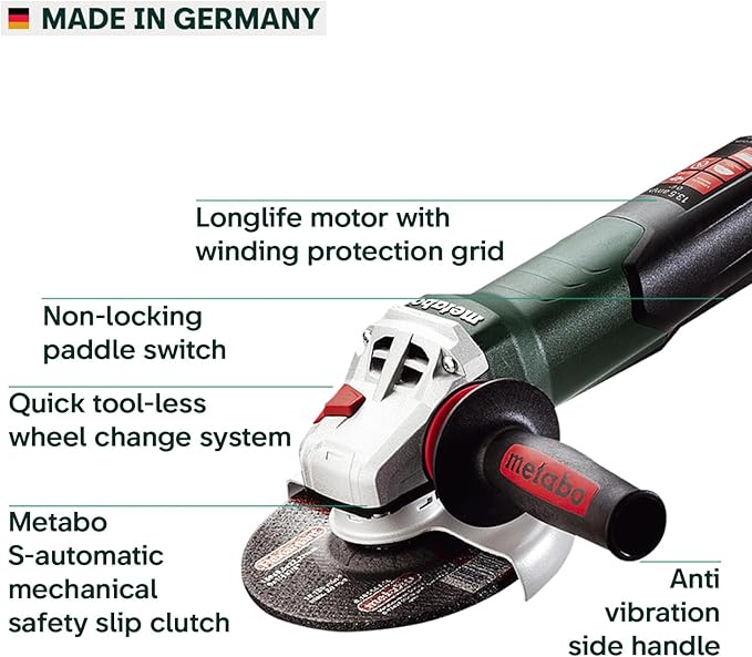 Metabo 6-Inch Angle Grinder | 13.5 Amp | 9,600 RPM | Electronics | Non-locking Paddle Switch | WEP 15-150 Quick