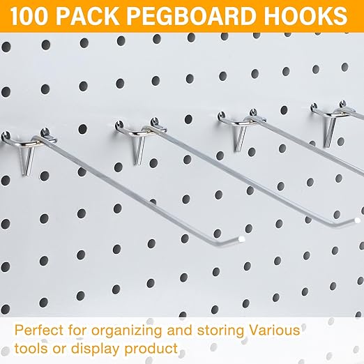 Shimeyao 100 Pcs Peg Board Shelving Hooks Stainless Steel Hanging Board Pegs Wall Display Hooks Bulk for 1/8 1/4 Garage Storage Organizer Accessories(8 Inch,Silver)