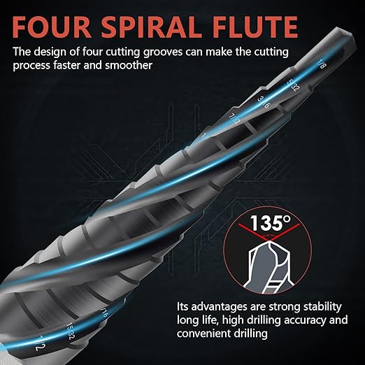M35 Four Spiral Flute Cobalt Step Drill Bit 1/8"-1/2", Wear-Resistant TiAlN Coated 1/4" Hex Shank Unibit Step Bit for Metal, Stainless Steel, Aluminum, Wood, Plastic（13 Sizes）