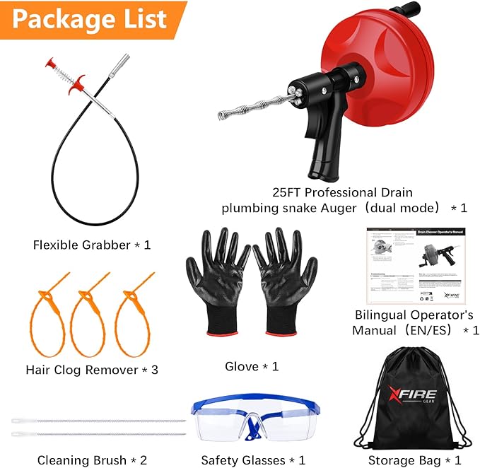 25 FT Drain Snake 2.0 with Double Mode, 10-In-1 Drain Auger for Sink and Drain Unblocking, Plumbing Snake for Real DYIs