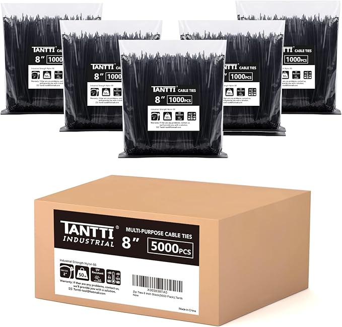 Zip Ties 8 inch Black Zip Ties 5000 Pack(5×1000), Wire ties with 50lb Tensile Strength, UV Resistant Cable Ties, Self-locking Plastic Ties for Indoor and Outdoor Use, by Tantti.