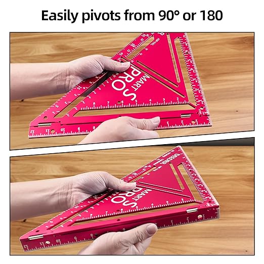 Pro 12 Inch Advanced Carpenter Square-Jig Block -Leve-Accurate Flatwork- Framing Square- Multi-Angle Measuring Tool (90° & 180°) for Carpenters & Architects (Red)