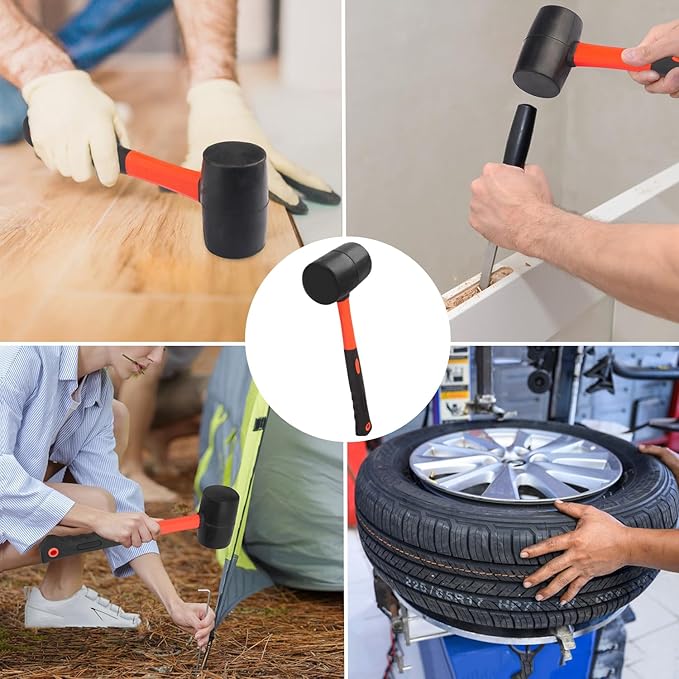  4 PCS 27 OZ Rubber Mallet, Rubber Hammer Head, Rubber Mallet Set With Black-Orange Fiberglass Handle Perfect For Wood, Metal, Plastic, Glass, And Ceramics. By GENHAKON