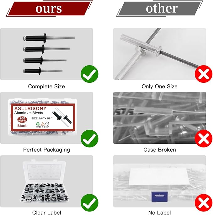 200pcs Black 1/8" x 3/8" Aluminum Blind Rivets, 3.2 x 9.5mm Pop Rivets,Aluminum Grip and Steel Mandrel