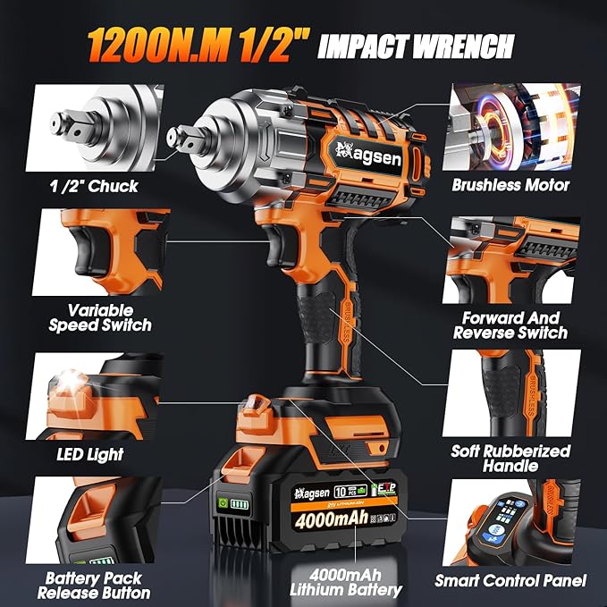 1/2 inch Cordless Impact Wrench, High Torque 900Ft-lbs (1200N.m) Brushless Impact Gun,3800RPM,2x4000mAh Battery, 6 Sockets,LED Light,Electric Impact Motor Variable Speeds for Car/Mower/Pickup