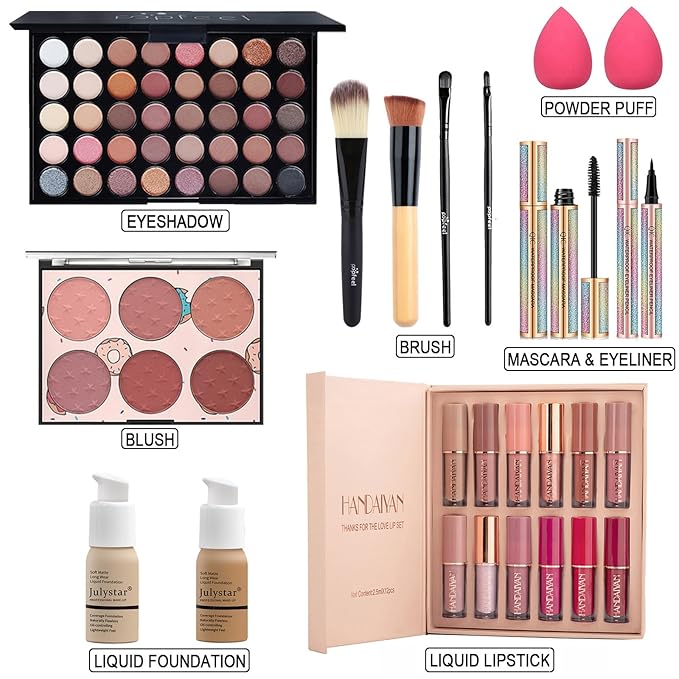 Makeup Kit for Women Full Kit, All in One Makeup Gift Set, Make up Kits for Beginners and Professionals - Eyeshadow Palette, Liquid Lipstick, Mascara, Blush, Eyeliner, Foundation, Brush-VeraVaultWomen