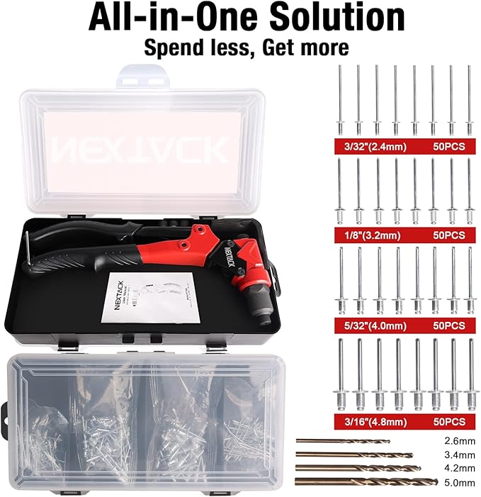 Rivet Gun Kit, Heavy Duty Pop Rivet Gun with 360 Degree swivel Head for Tight Space, 4 HSS Drill Bits, 200 Assorted Rivets & 4 Nosepieces in Organized Rugged Carrying Case NT200
