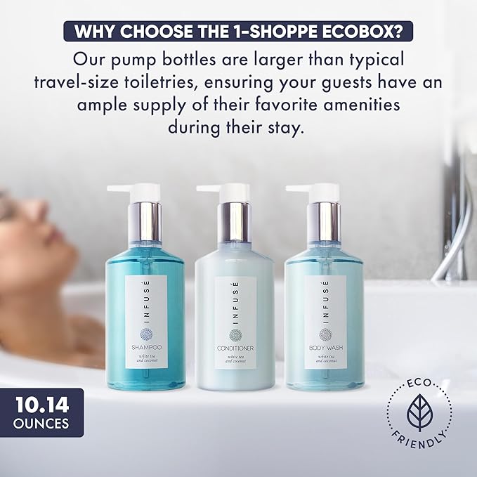 1-Shoppe Infuse 40 Piece Ecobox All-In-Kit | White Tea and Coconut Soap | 12 Shampoo, 8 Conditioner, 12 Body Wash & 8 Lotion | 10oz Hotel Soaps and Toiletries Bulk | Personal Care Products-VeraVaultWomen
