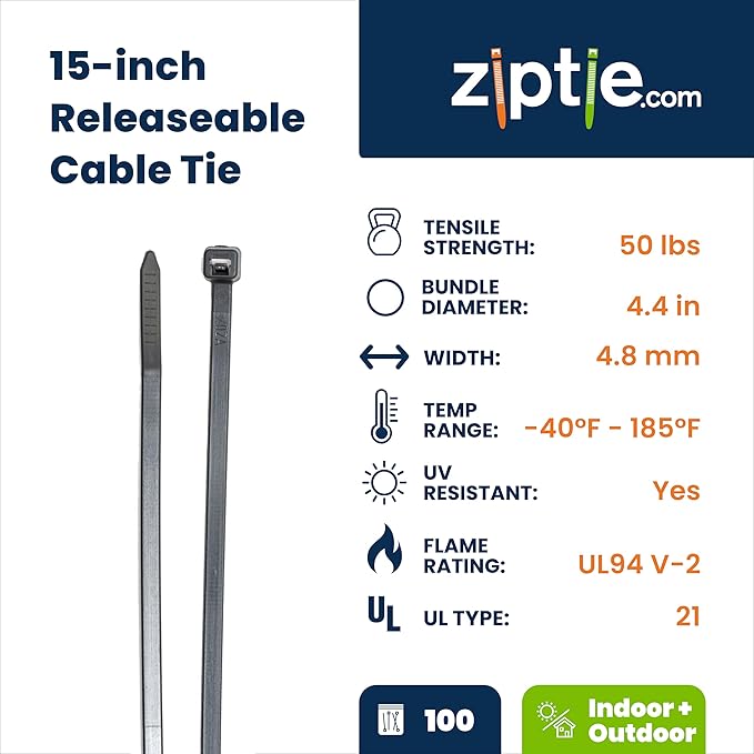 ZipTie.com 15-Inch Black Releasable Pawl Zip Ties - 50-lb Tensile Strength Cord Management - UL Listed Reusable Cable Ties - UL 21 Listed, UV Resistant, Indoor & Outdoor Multi-Purpose (100-Pack)