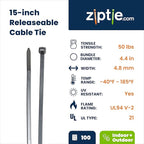 ZipTie.com 15-Inch Black Releasable Pawl Zip Ties - 50-lb Tensile Strength Cord Management - UL Listed Reusable Cable Ties - UL 21 Listed, UV Resistant, Indoor & Outdoor Multi-Purpose (100-Pack)