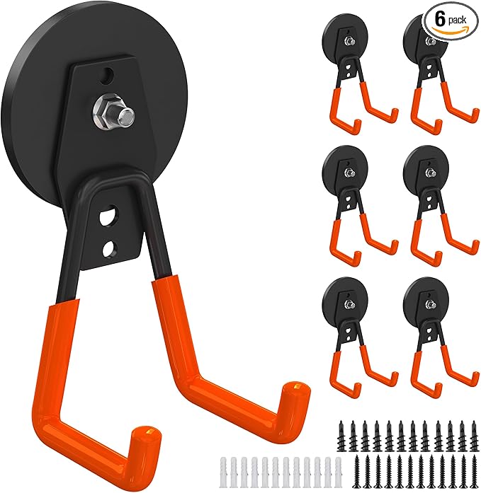 6Pcs Heavy Duty Storage Magnetic Utility Hooks Large Garage Strong Extra Magnet Hooks Hanger with Anti-Slip Coating Heavy Duty Magnetic Hooks for Hanging Power Dril Garage Garden Tools Orange