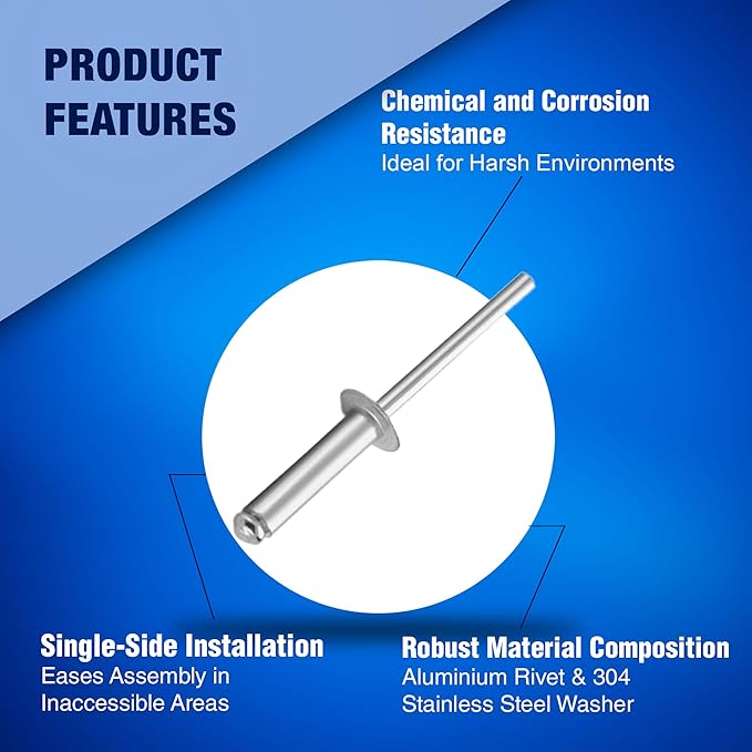 New Age America® 700pcs Blind Pop Rivets & Backup Washers | 3/32" to 1/4" | Silver | 14 Sizes | SAE Size Aluminum Rivets & 304 Stainless Steel Backup Washer | Rivet Kit w Steel Mandrel | Labelled Case